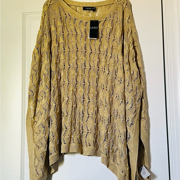 NWT Lauren Ralph Lauren Linen Blend Women Knit Poncho Gold Size S/M  $195 - Picture 16 of 16